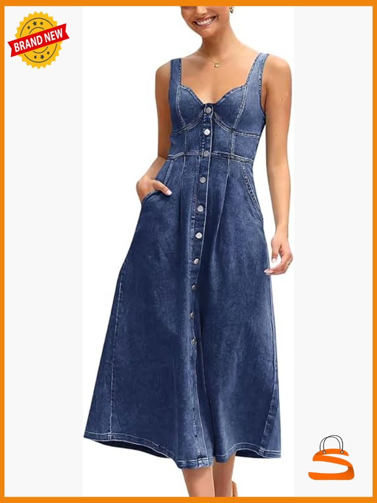 Stretchy Smocked Denim Dress Sleeveless Button Down Midi Babydoll Jean Dress